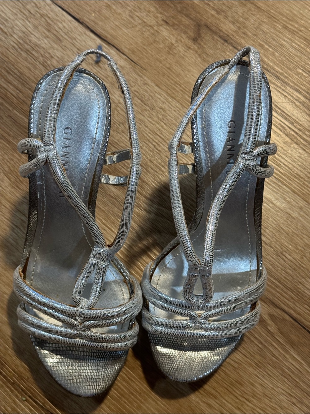 Ganni Metallic Silver Strappy Slingback Heels